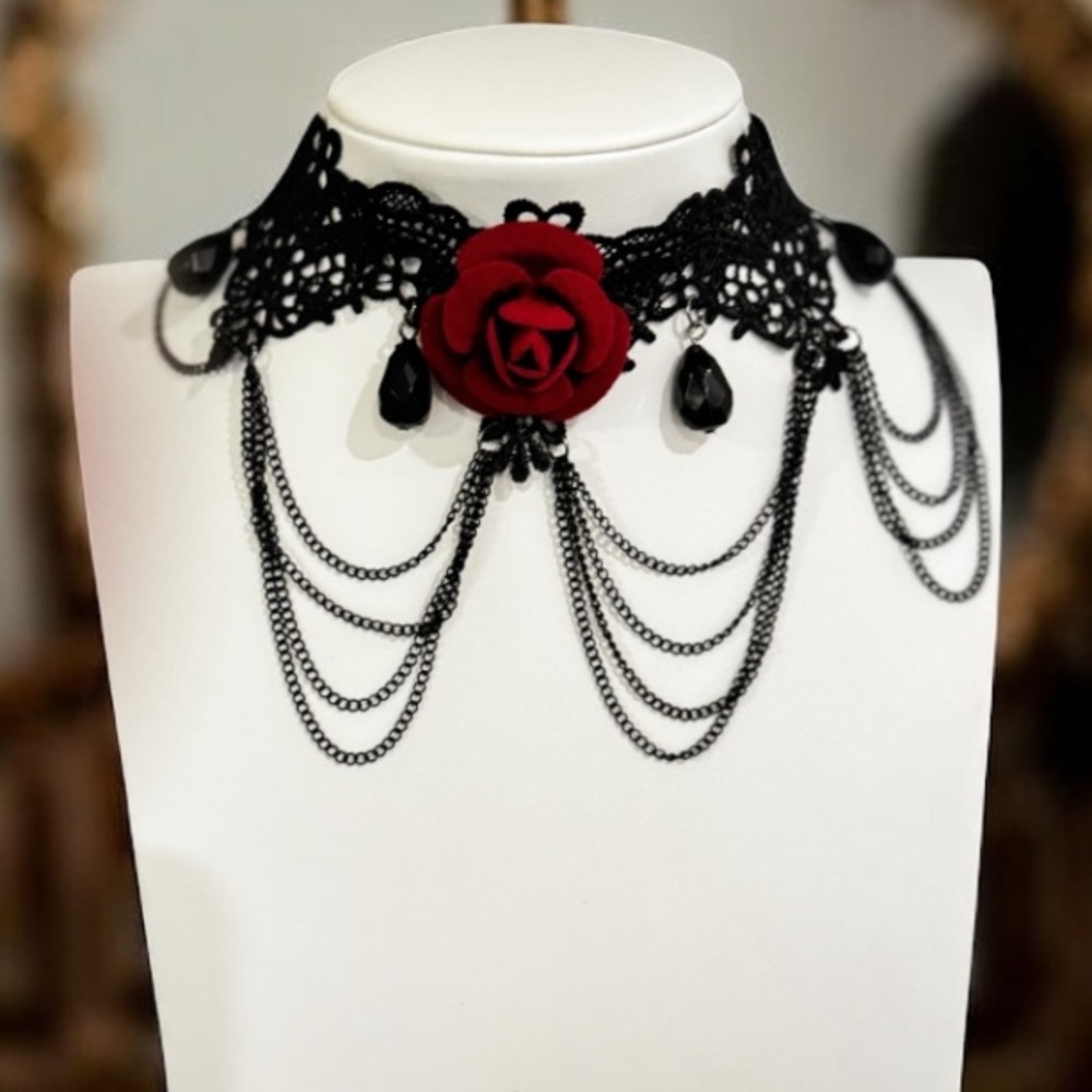 Black Lace Choker with Red Rose